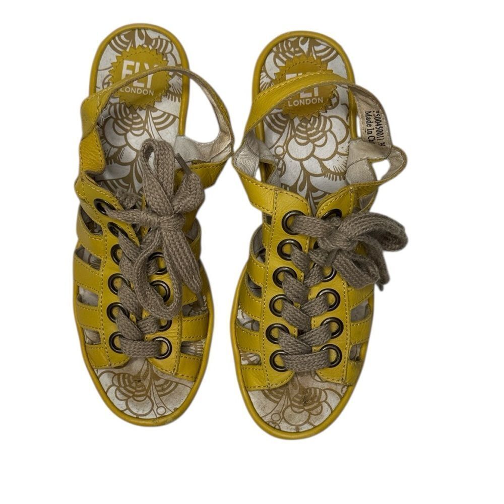 Fly London Women's Yito Mustard Yellow Lace-Up Sling Back Open Toe Sandals. 8.5